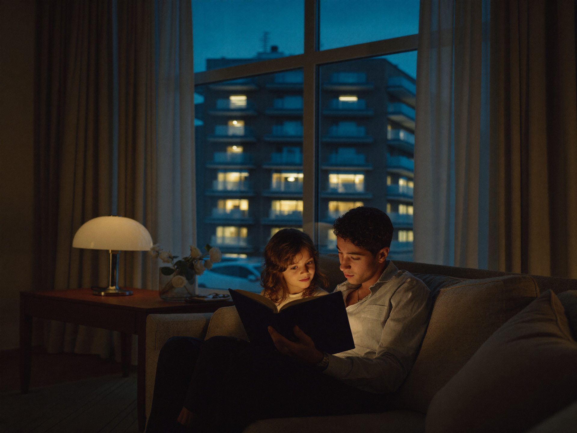 Parent and child reading on a sofa near a hospital at evening
